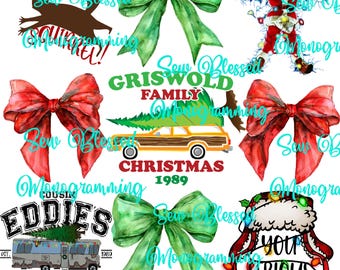 Puede incluir: Un diseño digital que presenta una colección de imágenes relacionadas con la película Vacaciones de Navidad de la familia Griswolds. Las imágenes incluyen una camioneta con un árbol de Navidad en la parte superior, un lazo rojo, un lazo verde, un hombre con luces de Navidad enredadas a su alrededor y un gráfico con el texto "Griswold Family Christmas 1989".