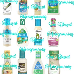 May include: A collage of ten different bottles of ranch dressing. The bottles are all different brands and sizes. Some of the bottles have a green label with the words "Ranch Dressing" on them. Some of the bottles have a white label with the words "Ken's Steak House Ranch" on them. Some of the bottles have a blue label with the words "Chosen Foods Avocado Oil Ranch" on them. Some of the bottles have a red label with the words "Kraft Ranch" on them. Some of the bottles have a yellow label with the words "Simply Ranch" on them.
