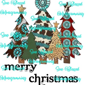 May include: Three Christmas trees decorated with turquoise and brown cowhide patterns, a leopard print, and red and turquoise patterns. The trees are topped with stars and turquoise ornaments. The text "merry christmas" is written below the trees.