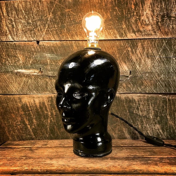 Vintage Black Glass Mannequin Head Lamp - Repurposed Upcycled Hat Display - Thinking Cap - Bright Idea