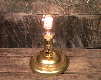 Glass Dome Edison Accent Lamp with Brass Base - Table Lamp Desk Lamp Bell Jar Cloche