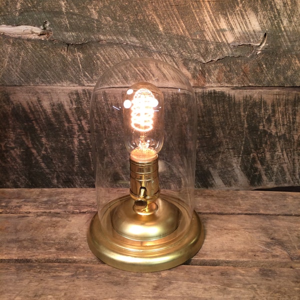 Glass Dome Edison Accent Lamp with Brass Base - Table Lamp Desk Lamp Bell Jar Cloche