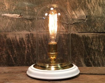 Glass Dome Edison Lamp with Brass and White Wood Base - Table Lamp Desk Lamp Bell Jar