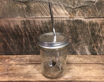 16 oz Wide-mouth Ball Jar " To Go Cup " - Upcycled Ball Jar with Reusable Stainless Steel Straw
