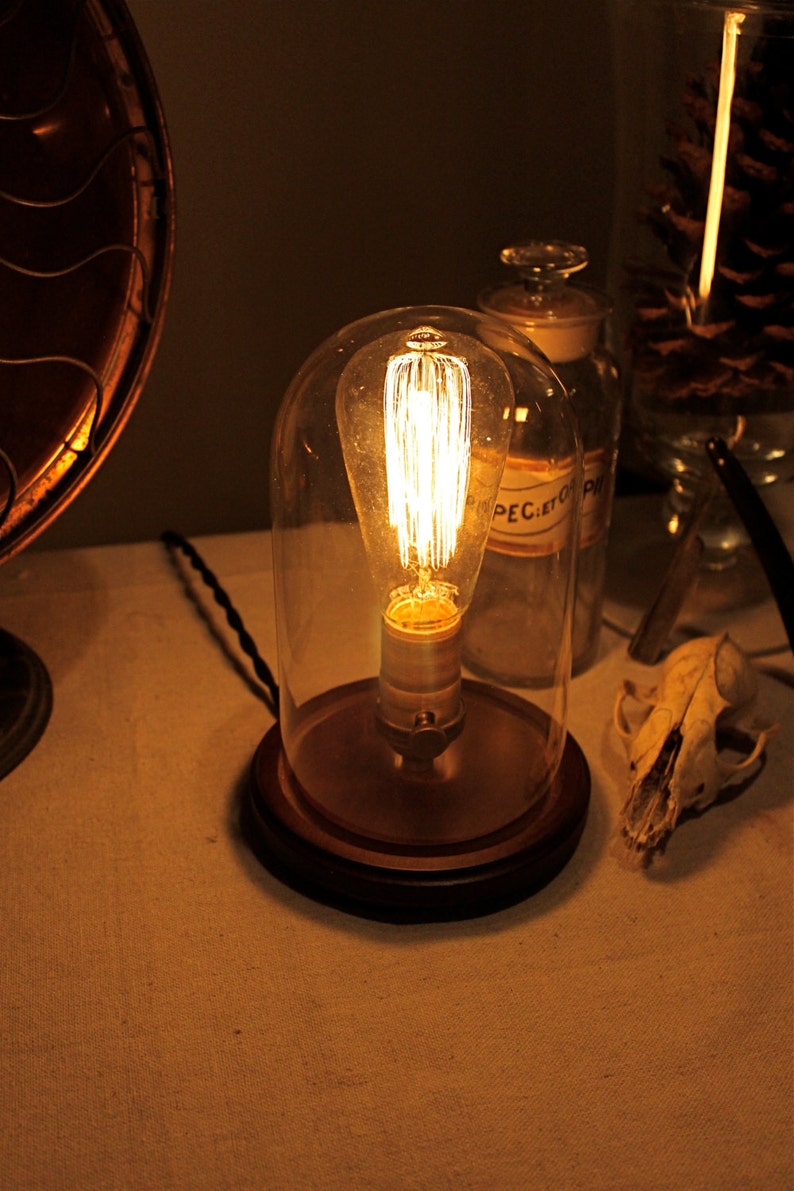 Industrial Lighting Upcycled Glass Dome Edison Accent Lamp Table Desk Bell Jar Cloche