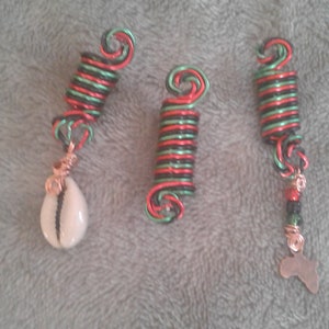 3 red, black and green Colored Loc Loopies. dreadlock jewelry, loc jewelry, braid, hair accessories, dread beads, loc/hair coils.
