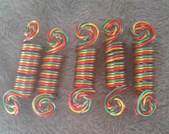 set of 5 red, gold & green colored Loc Loopies, dreadlock jewelry, loc jewelry, braid, hair accessories