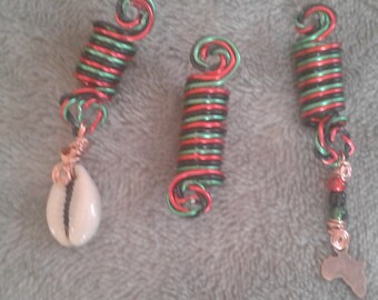 3 red, black and green Colored Loc Loopies. dreadlock jewelry, loc jewelry, braid, hair accessories, dread beads, loc/hair coils.