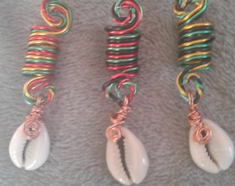 3 Colored Loc Loopies, dreadlock jewelry, loc jewelry, braid, hair accessories, dread beads, loc/hair coils with Cowrie shells.