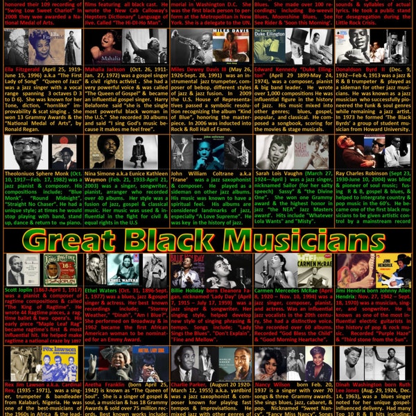 Great Black Musicians Poster, Black History Month Poster, Jazz musicians  singers, Miles Davis, Billie Holiday, Ella, Coltrane, Hendrix,