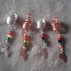 set of 4  Africa pendant with Rasta colored beads, dreadlock jewelry, loc jewelry, braid and hair accessories/coils, Hair clips, dread beads