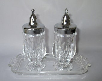 vintage glass Salt and Pepper Shakers on a Butter Dish Tray NOchipsNOcracks metal lids