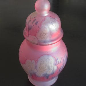 rueven glass by nouveau art glass company covered jar with lid thin beautiful glass unique variegated pink covered vessel