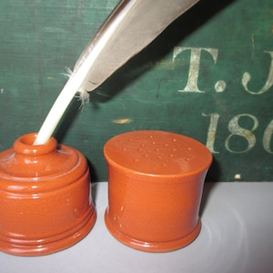 Hal Pugh pottery New Salem NC Pottery redware inkwell w/sander pounce pot set &#39;Quaker Ceramic Tradition&#39; replicate 1800s RARE collectible