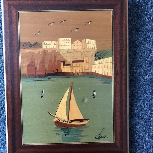 Italian Inlaid Wood Marquetry Sorrento Coastal Scene Unione Artigiani Intarsio Sorrentino Lacquered Wood 1960s Wall Decor 5 x 7 Gift Quality