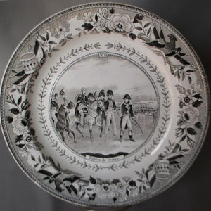 c1850 antique french creil montereau plate Napoleon faience earthenware 8.25&quot; Retour de Syrie No. 11 RARE black transferware