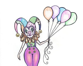 Pompom Petite A5 size Elke Art PRINT - clown dolly with balloons illustration