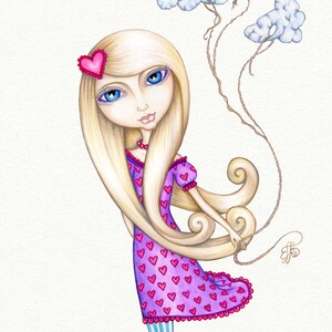 May include: A girl with long blonde hair and a purple dress with pink hearts is holding strings attached to three white clouds. She is wearing pink shoes and a pink heart on her hair.