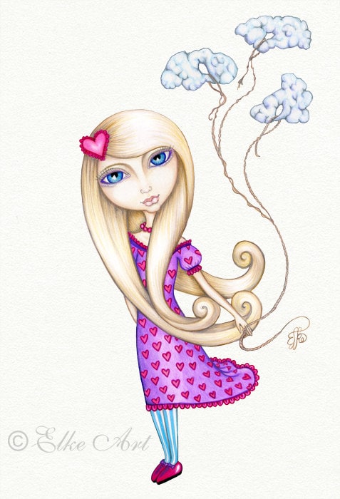 Medium Elke Art Print ( A4 - 297mm X 210mm) - Cinthia in the Clouds - "Dreams on a String" - Cloud Heart Girl