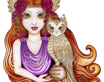 A4 Art PRINT "Etheria & Tyto" Owl Goddess Art by Elke McConnell (297mm X 210mm)