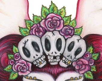 Mini (A5size-210 x 148 mm)  Elke Art Print "Mia Fuchsia" Skulls & Roses Angel Face