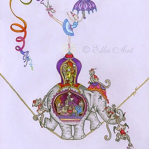 A5 mini Elke Art Print Step by Step on a Piece of String 210 x 148 mm silly circus monkey elephant teaparty image 1