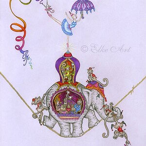 Puede incluir: Una ilustración caprichosa de un elefante gris en equilibrio sobre una cuerda floja. El elefante lleva un carruaje morado y dorado con una bailarina en la parte superior. La bailarina sostiene un paraguas rosa y blanco y una pelota rosa. Hay monos en el elefante y en la cuerda floja, algunos sosteniendo paraguas. El texto "Elke Art" está en la esquina superior derecha.