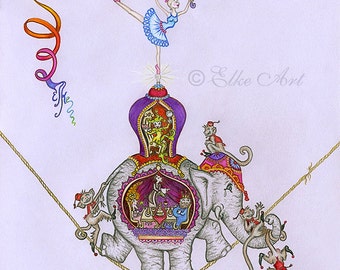 A5 mini Elke Art Print "Step by Step on a Piece of String" (210 x 148 mm) silly circus monkey elephant teaparty