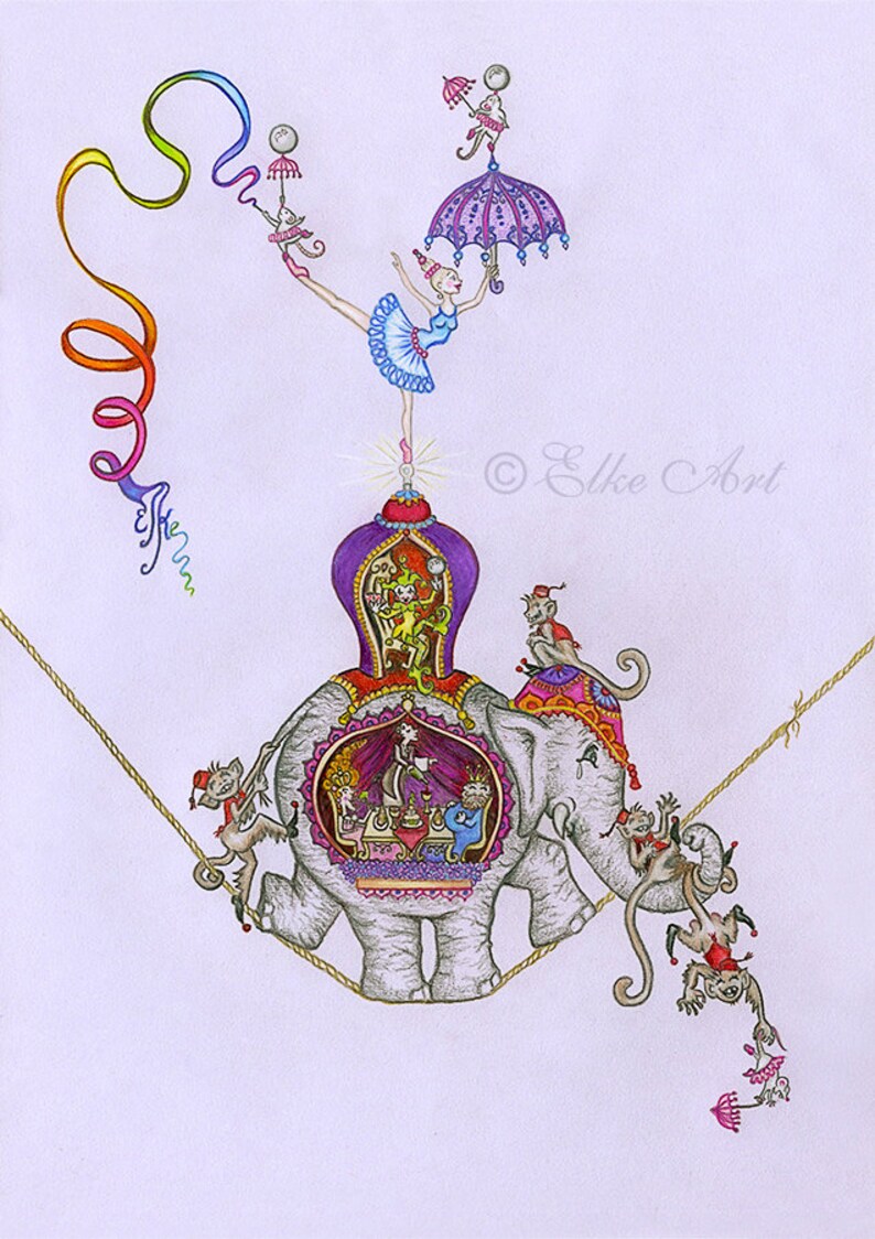 A5 mini Elke Art Print Step by Step on a Piece of String 210 x 148 mm silly circus monkey elephant teaparty image 1