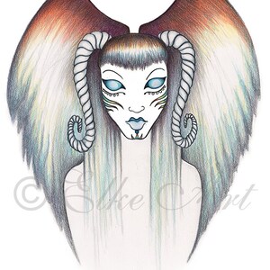 May include: A digital illustration of a woman with blue eyes, white skin, and a colourful face design. She has long, flowing hair and large, curled horns. Her wings are a gradient of brown and orange.