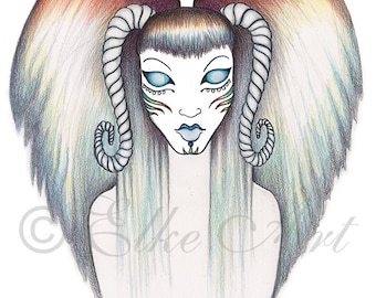 Kaprikahli the shamanic horned goddess with tribal markings A4 (297mm X 210mm)  Elke Art Print