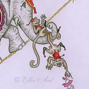 A5 mini Elke Art Print Step by Step on a Piece of String 210 x 148 mm silly circus monkey elephant teaparty image 2