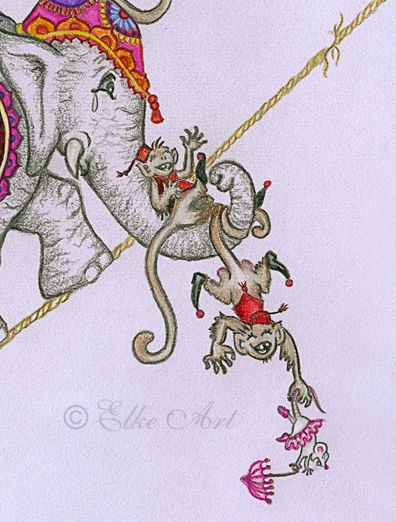 A5 mini Elke Art Print Step by Step on a Piece of String 210 x 148 mm silly circus monkey elephant teaparty image 2