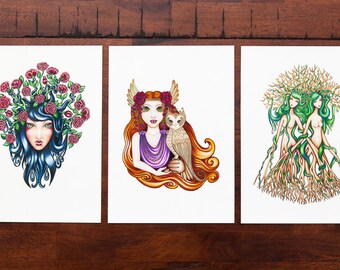 Set of Three Mini (A5size-210 x 148 mm) Elke Art Prints "Rosetta", "Etheria & Tyto" and "Twin Trees"