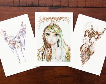 Set of Three Mini (A5size-210 x 148 mm) Elke Art Prints "Flauna", "Weeping Forest" and "Sisters of Faye"