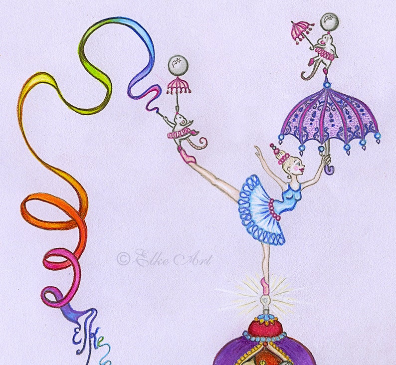 A5 mini Elke Art Print Step by Step on a Piece of String 210 x 148 mm silly circus monkey elephant teaparty image 3