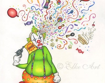 A4 Art PRINT "Bang!" Illustration by Elke McConnell (297mm X 210mm) Sad Clown Gag gun cream pie explosion