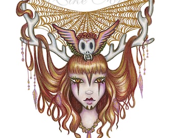 A4 (297mm X 210mm)  Elke Art Print "Yolandria" Tribal princess with antlers crowned in gossamer webs, angel skull feathers & beads