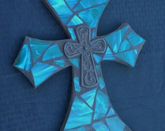 Green Mosaic Cross, Stained Glass Cross, Housewarming Gift, Wedding Shower Gift, Wall Hanging, Mosaic Wall Decor, Mosaic Art