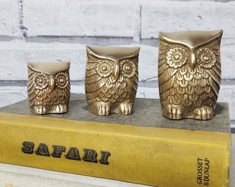 Vintage midcentury Brass Set of 3 Owl Family sculpture / paperweight