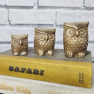 Vintage midcentury Brass Set of 3 Owl Family sculpture / paperweight