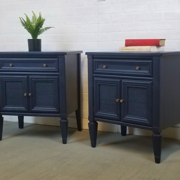 Midnight Blue Neoclassical Mid Century Pair of nightstands