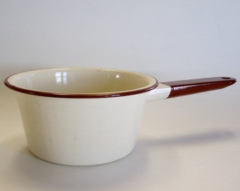 Tan and Brown Enamelware Pan - Cookware, Saucepan, Kitchen Decor