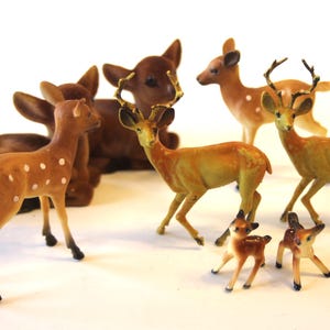 Lot of 8 Miniature Vintage Plastic or Flocked Deer Figurines (Previously Owned)