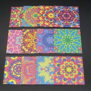 May include: Twelve colorful square patterned paper sheets with intricate geometric designs in shades of red, yellow, blue, green, and pink.