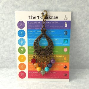 May include: A bronze-toned metal charm featuring an ornate teardrop-shaped filigree frame with seven dangling multi-colored gemstone beads. The charm is attached to a lobster clasp and displayed on a card titled The 7 Chakras with color-coded sections.