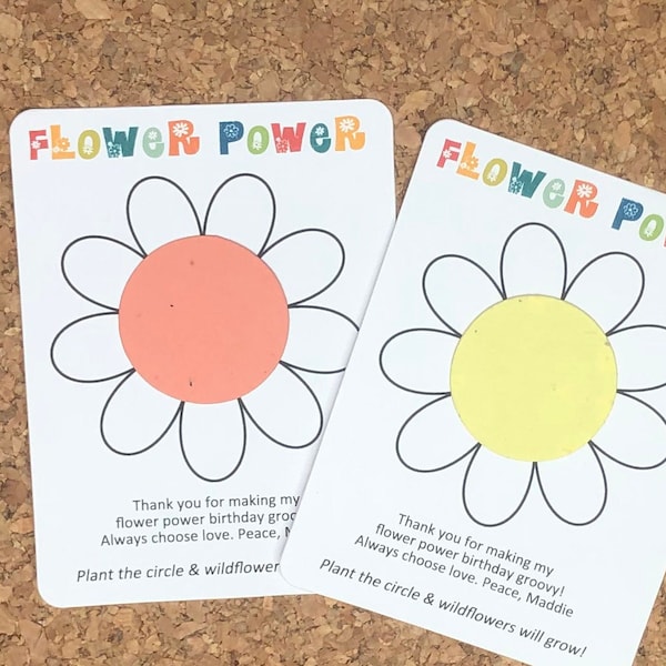 Flower Power Birthday Favors Plantable Seed Recycled Paper (Set of 12) - Flat Favor Cards, 29 Color Options - Groovy Hippie - Flower Outline
