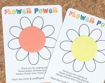 Flower Power Birthday Favors Plantable Seed Recycled Paper (Set of 12) - Flat Favor Cards, 29 Color Options - Groovy Hippie - Flower Outline