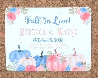 12 Fall in Love Pumpkin Themed Wedding Favor Cards - Plantable Full Seeded Card Eco-Friendly Favors - Autumn Personalized Flowers Floral