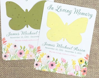 Butterfly Spring Flowers Memorial Plantable Seed Recycled Paper Favors (Set of 12) - Flat Cards, In Loving Memory - 28 Colors Available
